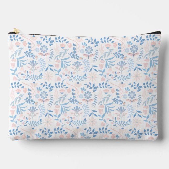 Floral design boho block print blue pink girly accessory pouch (Front)
