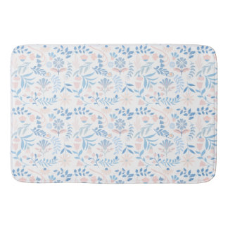 Floral design boho block print blue pink girly bath mat