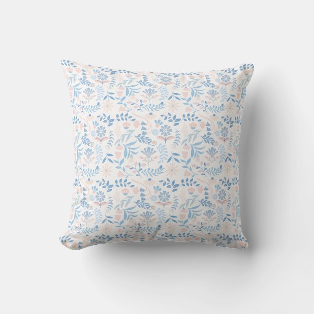 Floral design boho block print blue pink girly cushion (Front)