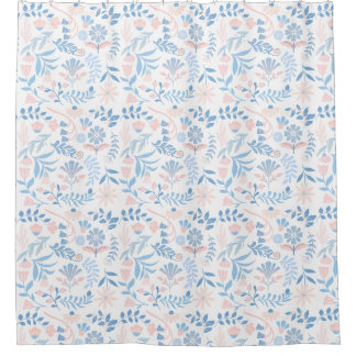 Floral design boho block print blue pink girly shower curtain