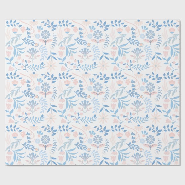 Floral design boho block print blue pink girly wrapping paper (Flat)