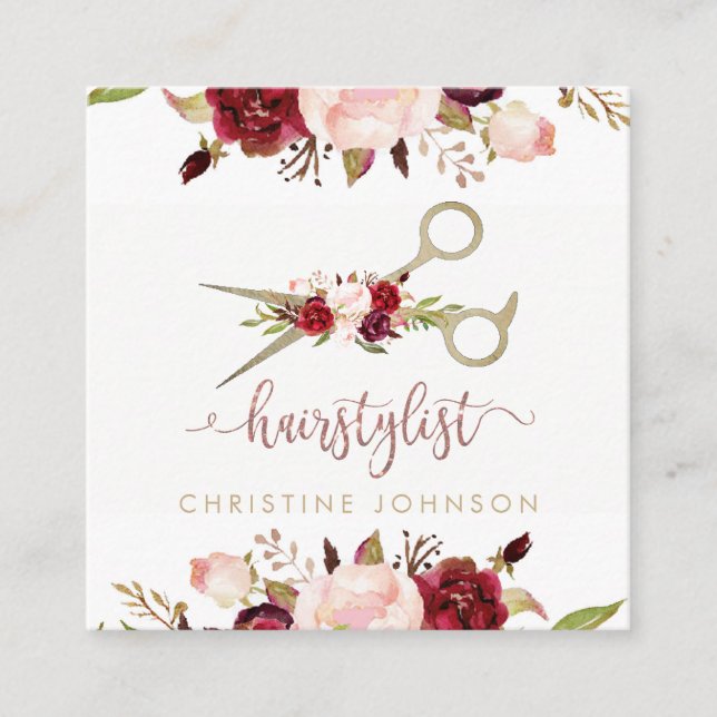 floral design elegant hairstylist script square business card (Front)
