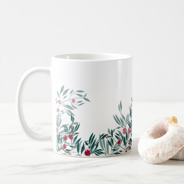 Floral design, green branches and red berries coffee mug (With Donut)