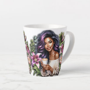 Floral Design Lovely Lady With Coffee Latte Mug