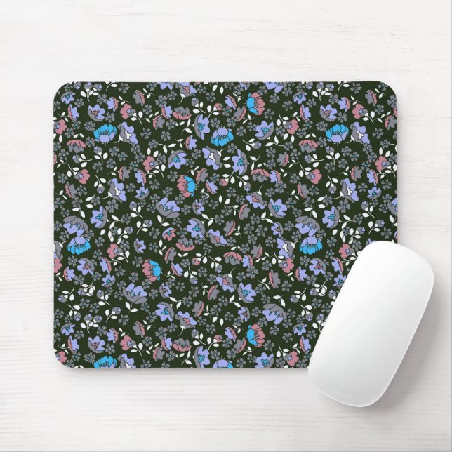 Floral Design on Black  Mouse Mat (With Mouse)