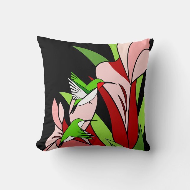 Floral Design With Hummingbirds on Black Cushion (Front)
