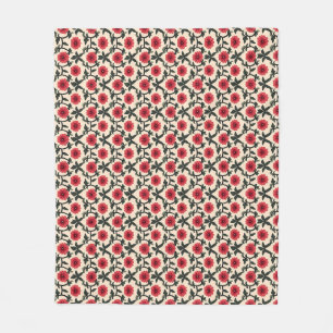 Floral Design with Red Flowers and Green Leaves Fleece Blanket