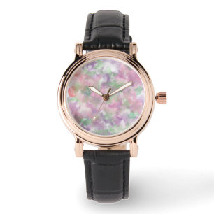 Floral designed women Black Leather strap Watch