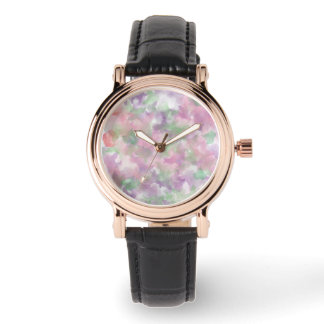 Floral designed women Black Leather strap Watch