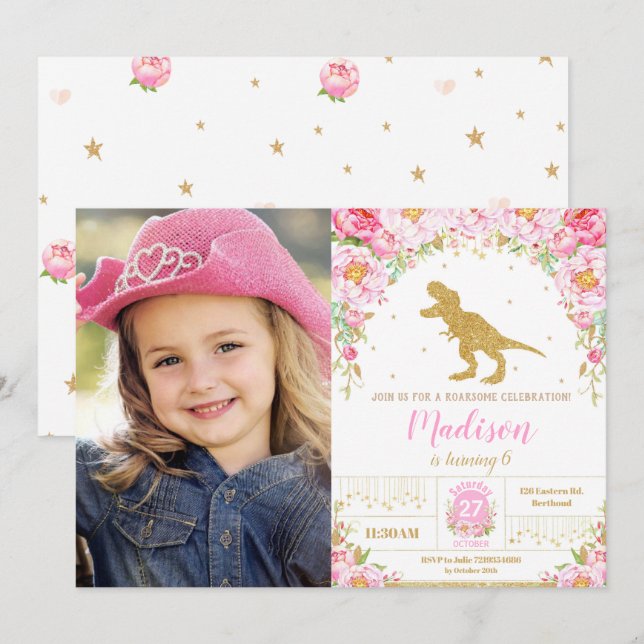 Floral Dinosaur Birthday Girl T-Rex Photo Invitation (Front/Back)