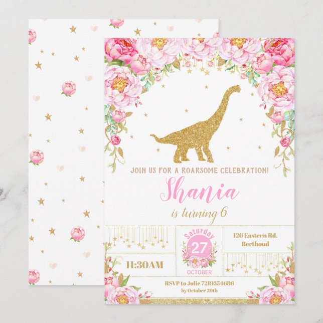 Floral Dinosaur Birthday Invitation Girl (Front/Back)
