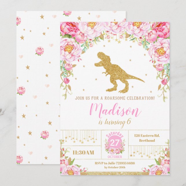 Floral Dinosaur Birthday Invitation Girl T-Rex (Front/Back)