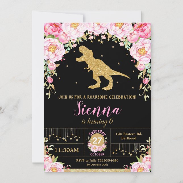 Floral Dinosaur Birthday Invitation Girl T-rex (Front)