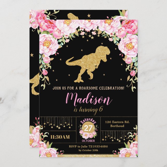 Floral Dinosaur Birthday Invitation Girl T-Rex (Front/Back)