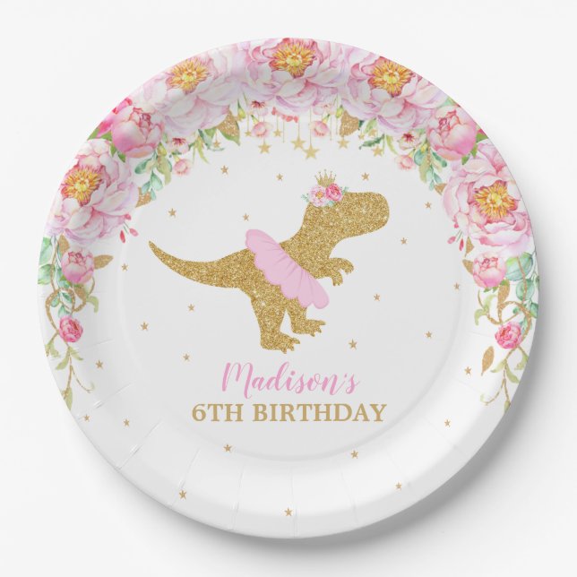 Floral Dinosaur Birthday Party Pink Tutu T-Rex Paper Plate (Front)