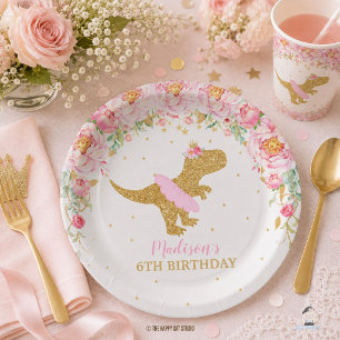Floral Dinosaur Birthday Party Pink Tutu T-Rex Paper Plate