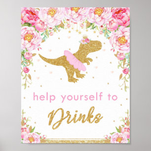 Floral Dinosaur Birthday Party T-Rex Drinks Sign