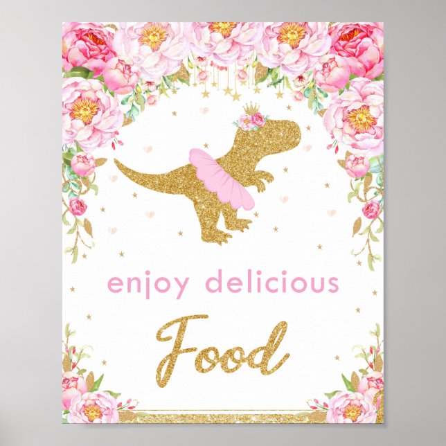 Floral Dinosaur Birthday Party T-Rex Food Sign (Front)