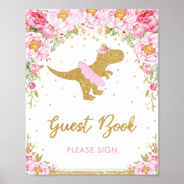 Floral Dinosaur Birthday Party T-Rex Guest Book (Front)