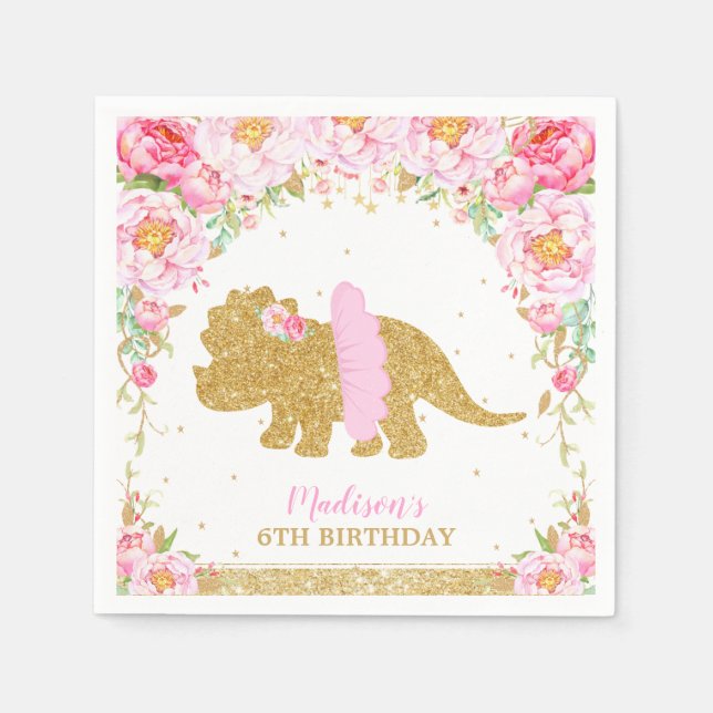 Floral Dinosaur Birthday Pink Tutu Triceratops Napkin (Front)