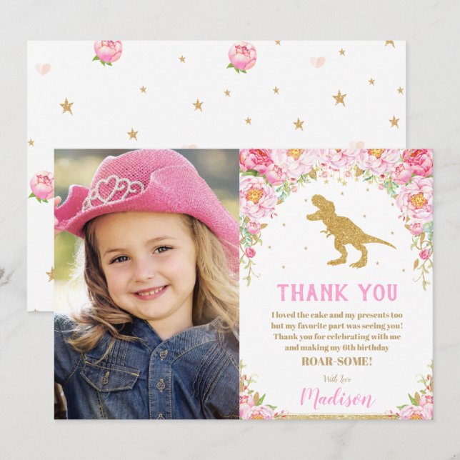 Floral Dinosaur Birthday T-Rex Thank You Card (Front/Back)