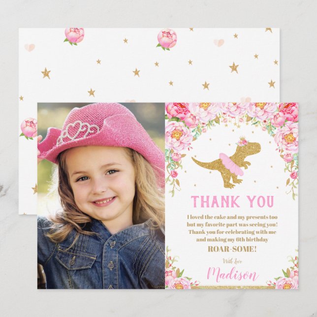 Floral Dinosaur Birthday T-Rex Thank You Card (Front/Back)