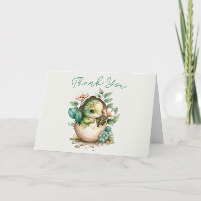 Floral Dinosaur Egg Baby Shower Watercolor TY Card (Front)