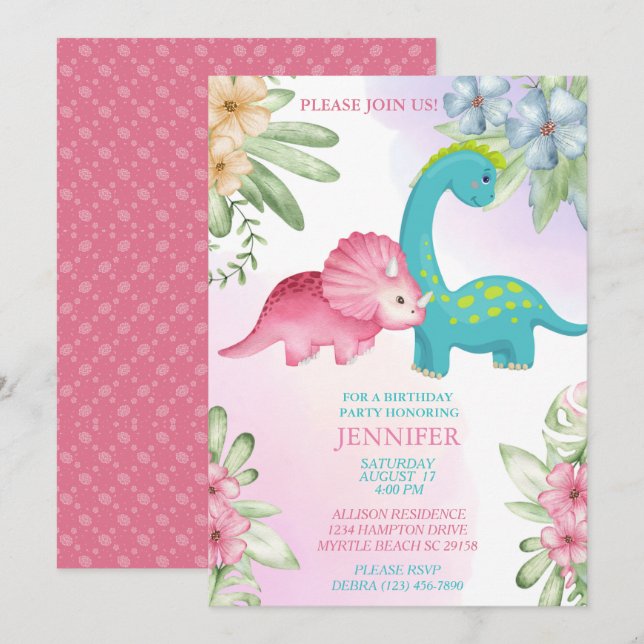 Floral Dinosaur Girls Birthday Party Invitation (Front/Back)