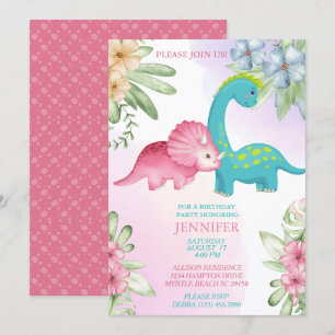 Floral Dinosaur Girls Birthday Party Invitation