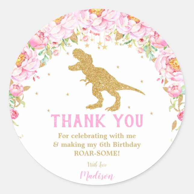 Floral Dinosaur Thank You Favour Girl T-rex Classic Round Sticker (Front)