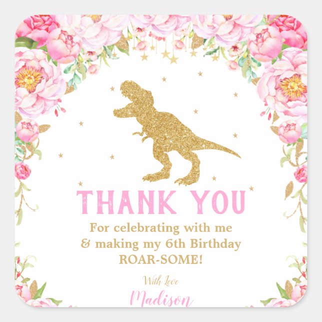 Floral Dinosaur Thank You Favour Girl T-rex Square Sticker (Front)