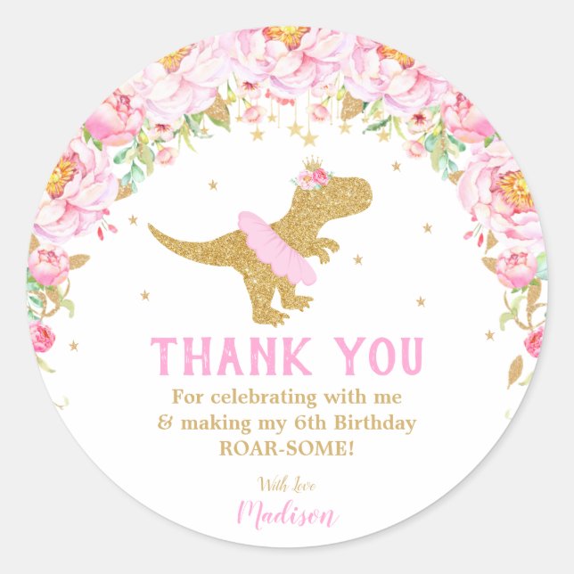 Floral Dinosaur Thank You Favour Girl Tutu T-rex Classic Round Sticker (Front)