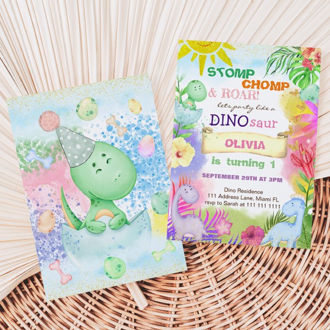 Floral Dinosaur Tropical Girl 1ST Birthday  Invitation (Creator Uploaded)