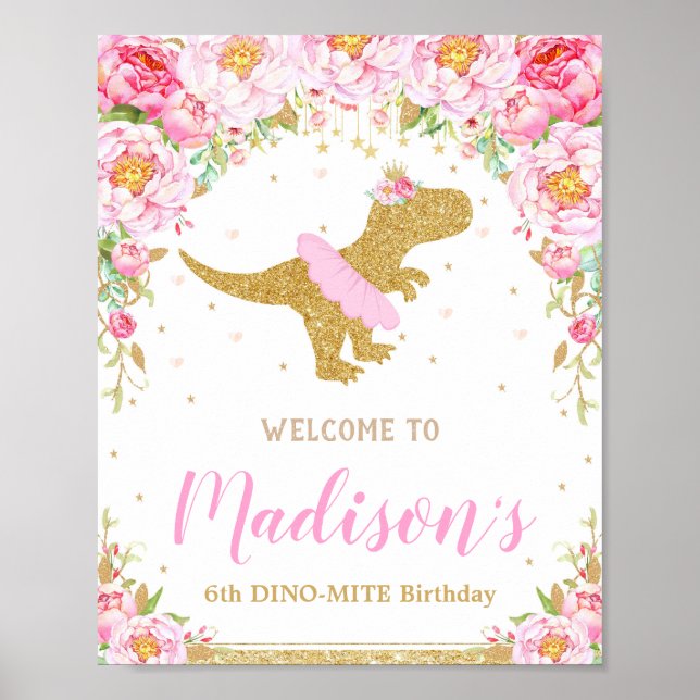 Floral Dinosaur Welcome Birthday Sign Banner T-rex (Front)