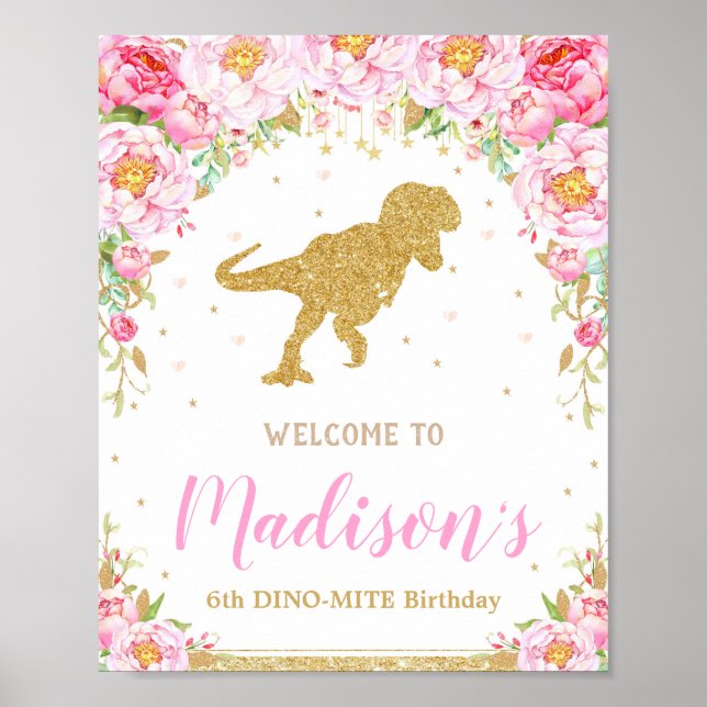 Floral Dinosaur Welcome Birthday Sign Banner T-rex (Front)
