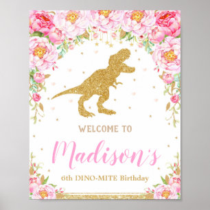 Floral Dinosaur Welcome Birthday Sign Banner T-rex