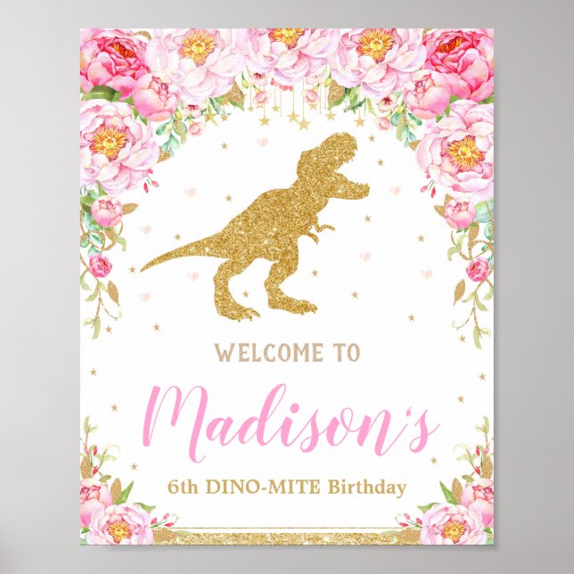 Floral Dinosaur Welcome Birthday Sign Banner T-rex (Front)