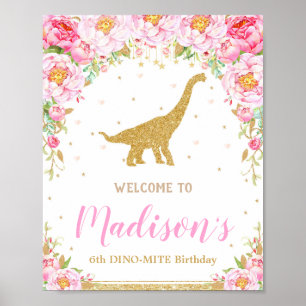 Floral Dinosaur Welcome Birthday Sign Brontosaurus