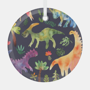 Floral Dinosaurs: Watercolor Fabric Design Glass Tree Decoration