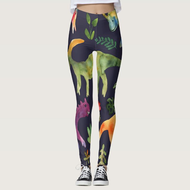 Floral Dinosaurs: Watercolor Fabric Design Leggings (Front)