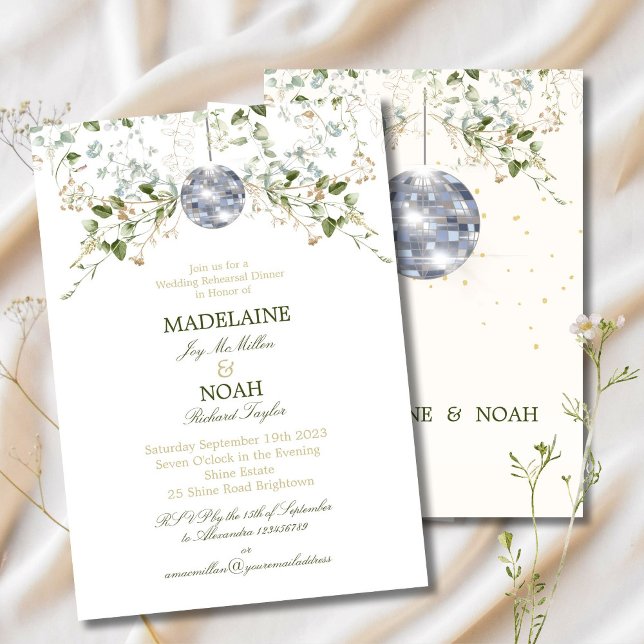Floral Disco Ball Elegant Chic Wedding Rehearsal Invitation (Creator Uploaded)