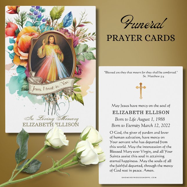Floral Divine Mercy Jesus Funeral Prayer Card (Creator Uploaded)