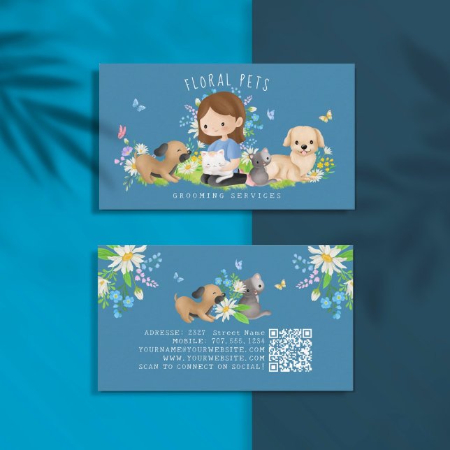 Floral Dog & Cat Pet Care Services Grooming Blue Business Card (Creator Uploaded)