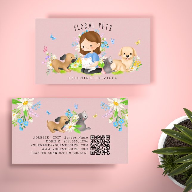Floral Dog & Cat Pet Care Services Grooming Pink Business Card (Creator Uploaded)