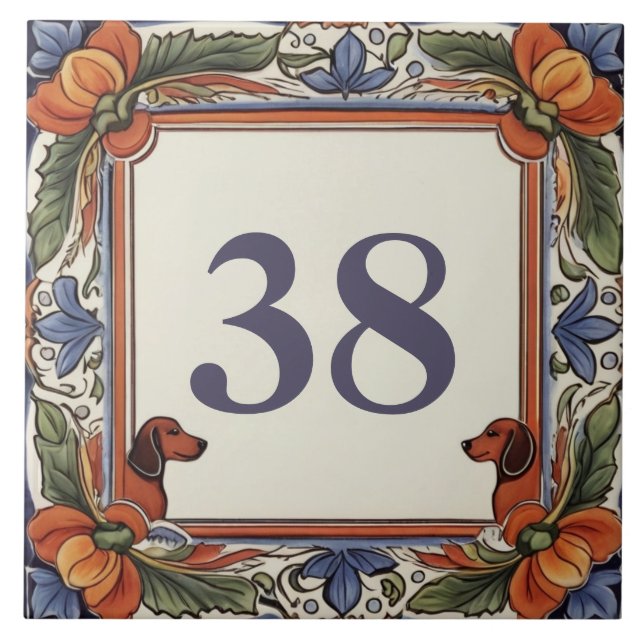 Floral Dog Custom House Number Plate Sign Plaque Tile (Front)
