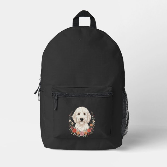 Floral Dog Portrait Botanical Wreath Printed Backpack (Front)
