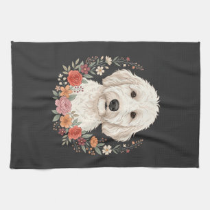 Floral Dog Portrait Botanical Wreath Tea Towel