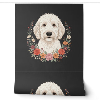 Floral Dog Portrait Botanical Wreath Wallpaper