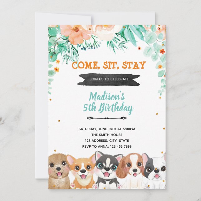 Floral dogs birthday invitation (Front)