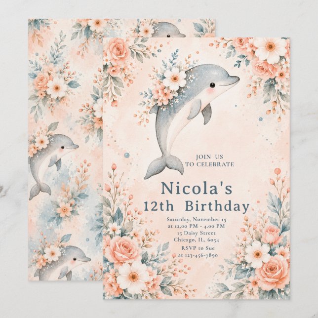 Floral Dolphin Birthday Invitation (Front/Back)